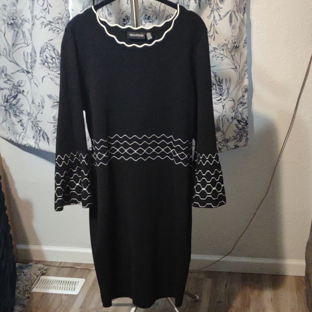 Nina Leonard Black Sheath Sweater Dress with Bell Sleeves